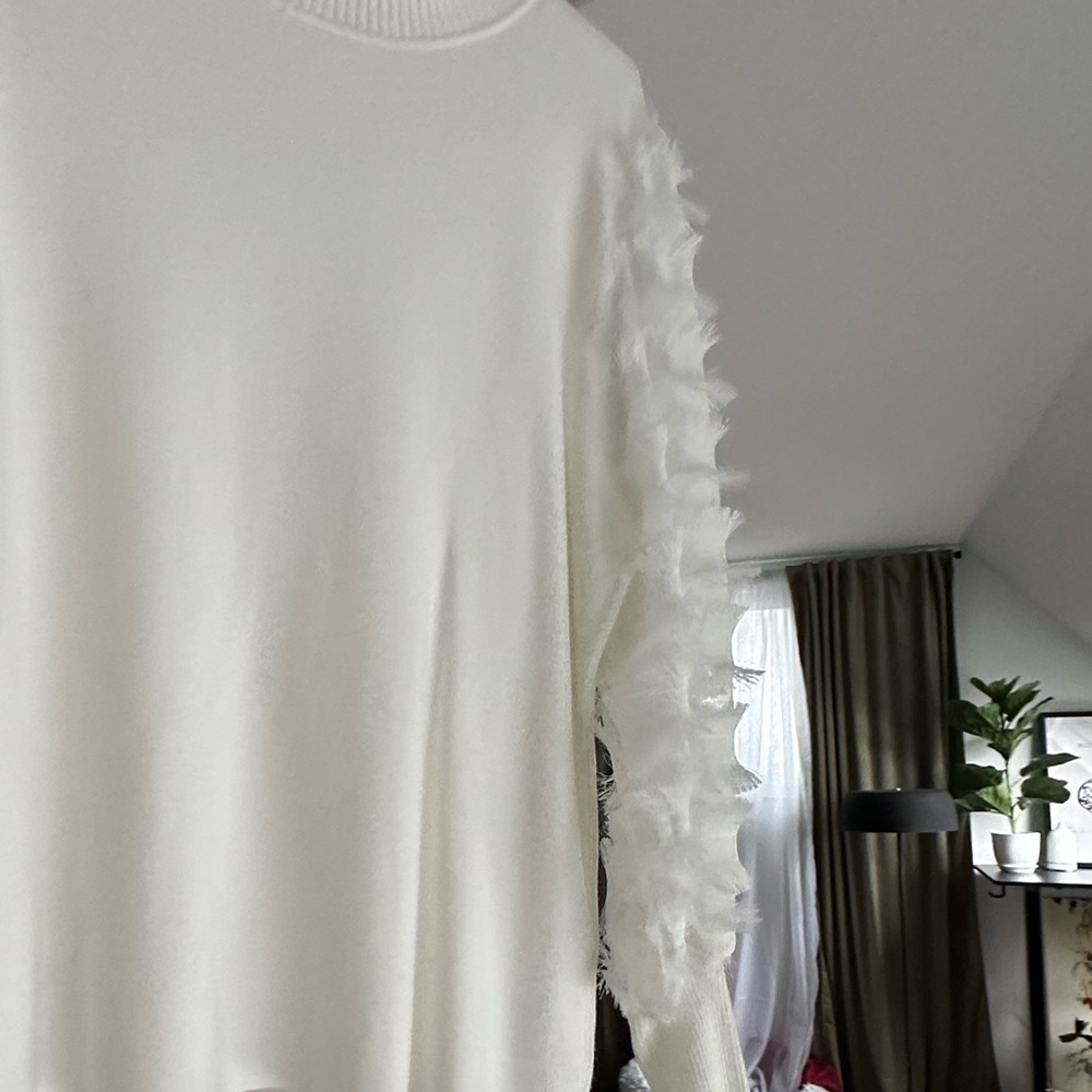 NWT White Sioni Fringe Trim Statement Sleeves Sweater Blouse - Picture 7 of 9